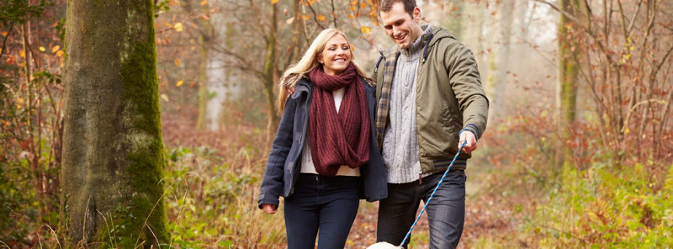 Couple Walking Dog Through Winter Woodland